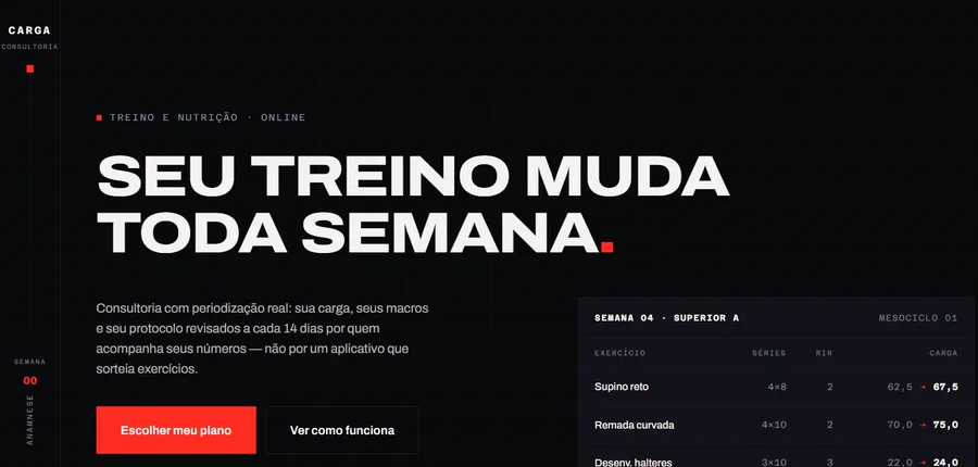 Hero da landing page CARGA, com o título Seu treino muda toda semana e uma tabela de séries