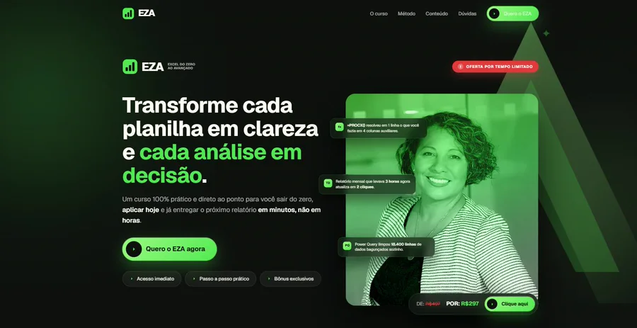 Hero da landing page EZA, curso de Excel do zero ao avançado