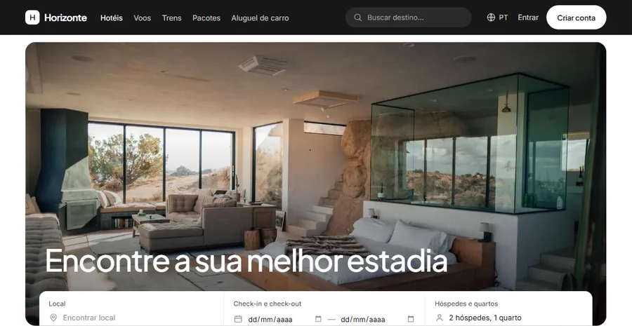 Home da plataforma Horizonte, com suíte envidraçada no deserto e o card de busca sobre a foto