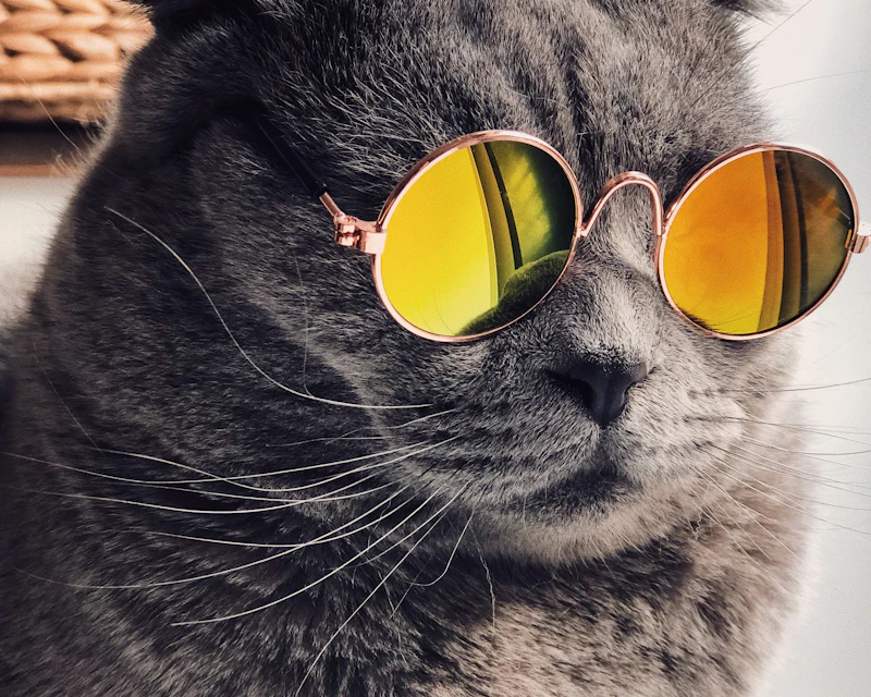 Cleo, gata para adoção, usando óculos de sol